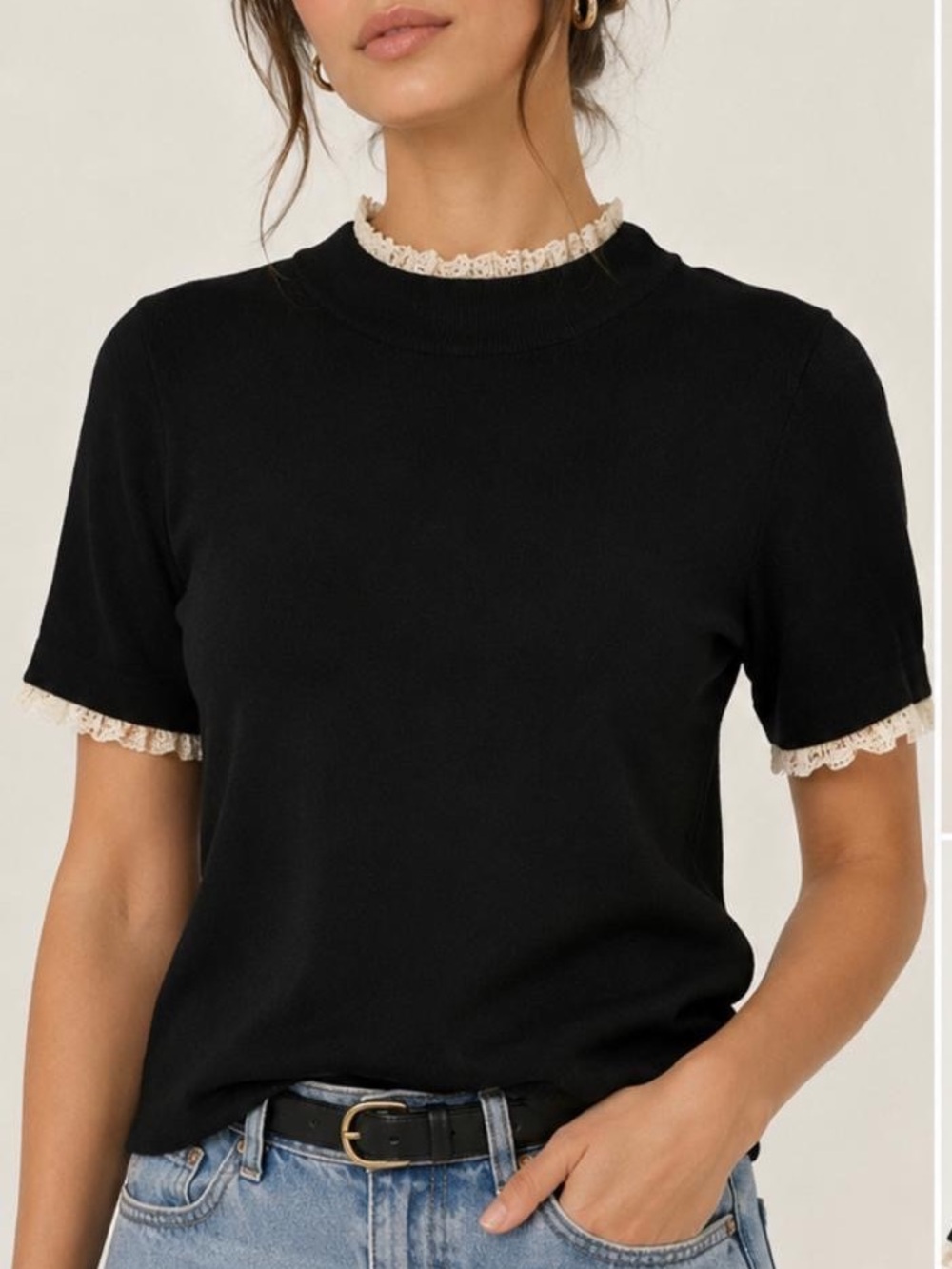 Black Short-Sleeve Knit Top with Contrast Lace Trim